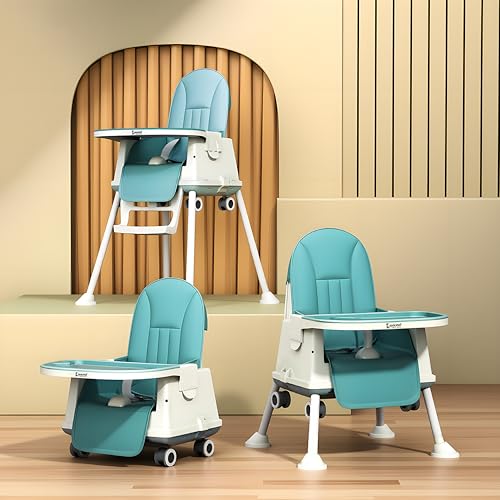Cockatoo-Kids BiteBuddy 3-in-1 Foldable Baby High Chair with Double Removable Tray, Booster Seat & Wheels, Adjustable Feeding Chair for Kids, Anti-Slip Legs, 3-Point Harness – 3M to 5Y, 40kg Sea Green