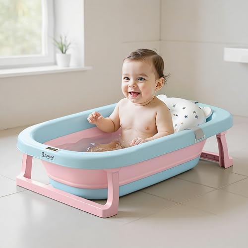 Cockatoo-Kids DripDrop Foldable Baby Bath Tub with Thermistor, Pillow & Soap Box – Portable Newborn to 6 Years Tub, Non-Toxic PP, Anti-Slip Base, 40kg Capacity – Travel & Home Use, Blue & Pink