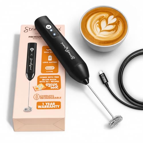 Coffee Frother Electric with Double Whisk | C Type Rechargeable Coffee Maker Machine for Home | 1 Year Warranty | Free Coffee Blender Recipe Book | Big Battery 1 Charge = 15 Days Use