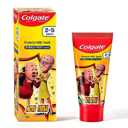 Colgate Kids Motu Patlu Toothpaste For 2-5 Years - 80Gm, Tooth Paste With 50% Lesser Abrasive Formula For Protecting Against Cavities (Bubblefruit Flavour) | Anti-Cavity
