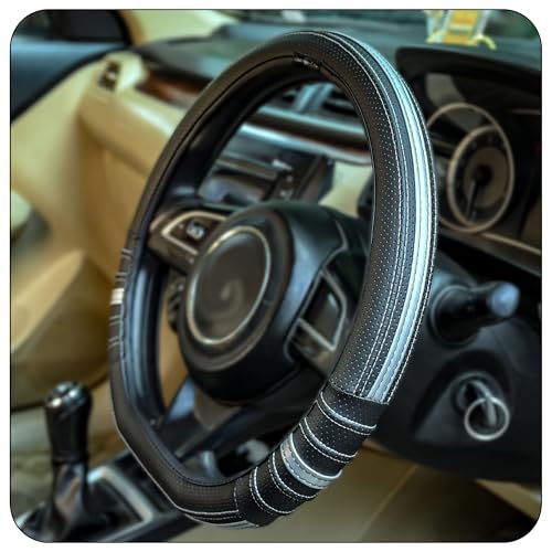 CONTINENTAL DuraGrip Classic D-Shape Car Steering Wheel Cover Build with Premium Vegan Leather Anti Slip Natural Rubber (Black & Silver).