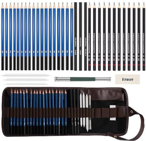 Corslet Set of 41pc : 29pc Professional Drawing Pencil Set with 12pc Graphite Sketch Charcoal Pencils, Blending Stumps, Eraser & Extender Artist Sketching Kit with Roll-Up Case for Artist & Beginner