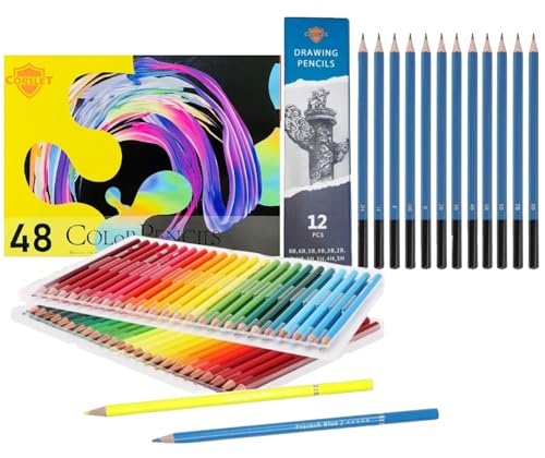 Corslet Set of 60 Pcs Drawing Kit 48 Pcs Colour Pencil Set Pencil Colour & 12 Pcs Drawing Pencil Set Art Supplies for Artist Sketch Shading Graphite Pencils Set Sketch Kit for Sketching and Shading