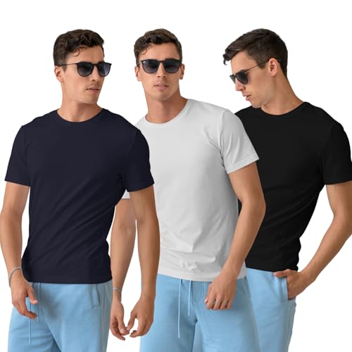 CreativiT Unisex Plain Casual Half Sleeve Round Neck T-Shirt | 100% Recycled Cotton Rich T-Shirt (WT,BK,NB Size-S) Pack of 3
