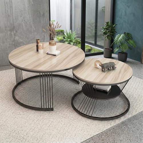 CROWN ART SHOPPEE Modern Nested Coffee Table Set of 2 | Round Marble Finish Tabletop with Metal Base | Luxury Center Table for Living Room, Lounge & Office (Cream Black)