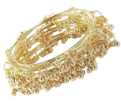 Crown Export Stylish Alloy Metal Chudi Set With Ghungroo Work For Women & Girls | Traditional Metal Bangles Jewelry | Latkan Kada Set | Kangan For Wedding, Festival, Party & Daily - Set Of 8 (2.6 Inches, Kashmiri-GOLD)