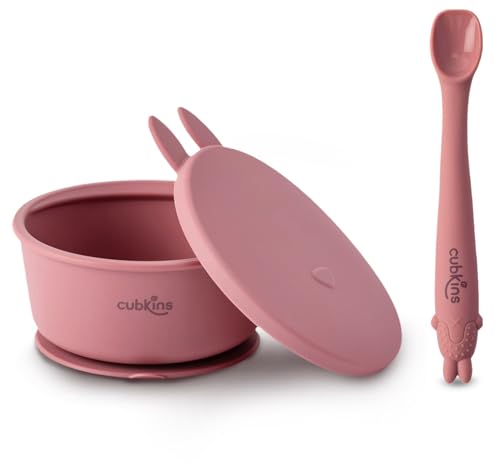 CUBKINS Silicone Suction Bowl with Early Feeding Bendable Spoon for Babies | BPA Free, Washable and Reusable Bowl for Kids, Toddlers (Raspberry)