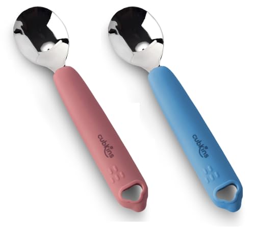 Cubkins Steel Head Set of 2 Spoons for Feeding Babies with Soft Silicone Handle | Non Toxic, Food Safe and BPA Free | Washable and Reusable (Raspberry, Blue Olive)