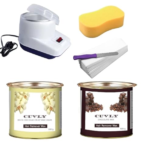 CUVLY Wax Heater Machine Waxing Kit Combo Wax Warmer Wax Machine Chocolate Cream Wax (550 gm) White Chocolate (550 gm) Strips (70pcs) Spatula(Kinfe),Sponge) | Hair Removal Waxkit (Wax Kit Combo)