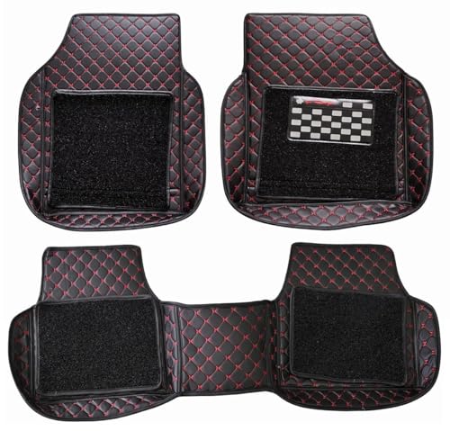 CYRER Universal Car 7D Floor Mats for 5-Seater Cars | Premium PU Leatherette Car Foot Mats | Anti-Skid, Waterproof, Easy to Clean | Red Black | Set of 3