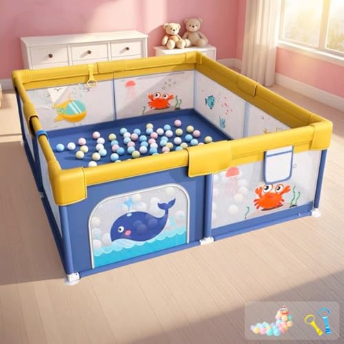 Dawnwake Playpen for Babies up to 5 Years Playard with Pit Balls and Anti-Fall Grasp Rings, Kids Activity Center with Safety Lock (No Mat, Non-Foldable, 150x180 cm) - Blue