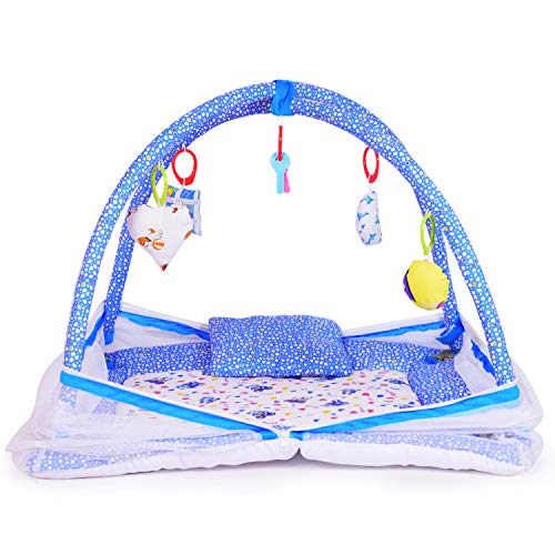 DearJoy Play Gym with Mosquito Net, Baby Play Mat with Hanging Toys, Foldable Micro Cotton Baby Gym Mat, Blue Bunny Print, 65 x 65 x 70 cm (Blue Bunny Print)