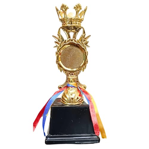 Decorative Crown Trophy with Tricolor Ribbons, Gold-Tone Finish, Black Base (Set