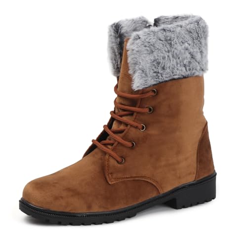 Denill Women's Tan Winter Boots with Faux Fur & Lace-Up Design Cozy & Stylish Cold Weather Footwear (Tan) Uk-7