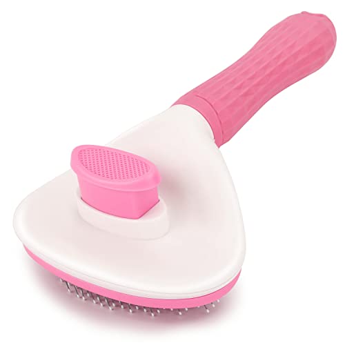 Depets Self-Cleaning Slicker Brush for Dogs, Cats, Bunnies - Grooming and Shedding Tool for Long or Short Hair - Easy to Remove Loose Undercoat - Massaging Pet Brush - Pink