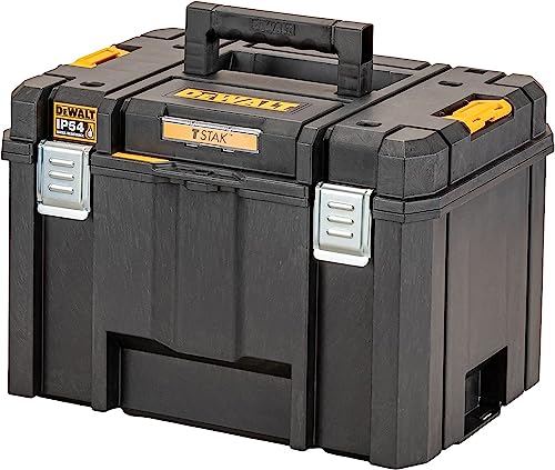 DEWALT DWST83346-1 TSTAK® Heavy-Duty Portable Plastic Deep Box With Removable Half Size Internal Tote Tray, IP54 Rated Waterseal, 30 Kg Weight Capacity, Metal Latches, 44x33.2x30.2 cm
