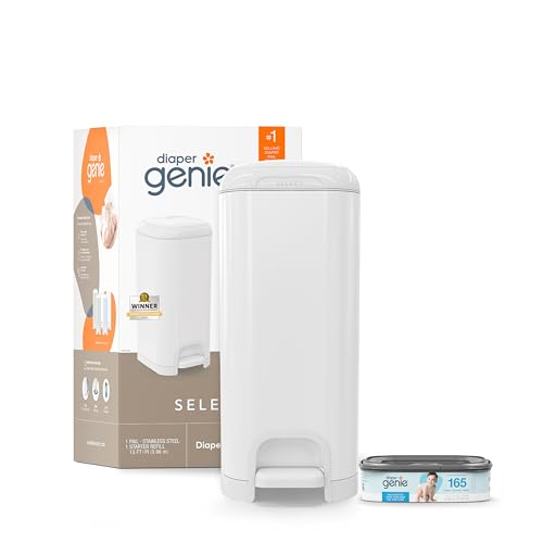 Diaper Genie Select Diaper Pail | Odor-Lock System with Push N Lock Clamp, Stainless Steel Body & Soft-Close Lid | Hands-Free Foot Pedal with Starter Refill