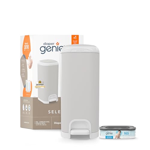 Diaper Genie Select Diaper Pail | Odor-Lock System with Push N Lock Clamp, Stainless Steel Body & Soft-Close Lid | Hands-Free Foot Pedal with Starter Refill (Grey)