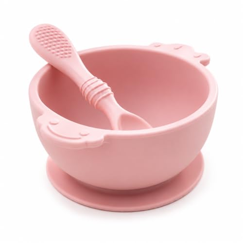 DipDark Silicone Baby Feeding Bowl with Suction Base and Spoon, BPA Free Food Grade Self Feeding Training Set for Babies 6+ Months, Non-Slip Weaning Bowl for Infants & Toddlers, Pink