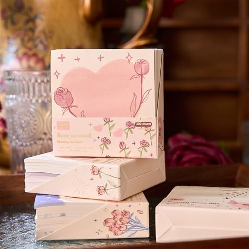 DME SALES Sticky Notes Set, Multicolour, Over 200 Rectangular Self-Stick Memo Pads with Delicate Heart, Rose & Butterfly Designs for Journaling, Office, Creative Projects (Pack-1)(Multi Color)
