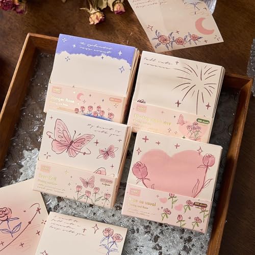 DME SALES Sticky Notes Set, Over 200 Rectangular Self-Stick Memo Pads with Delicate Heart, Rose & Butterfly Designs for Journaling, Office, Creative Projects (Multicolour) (1)