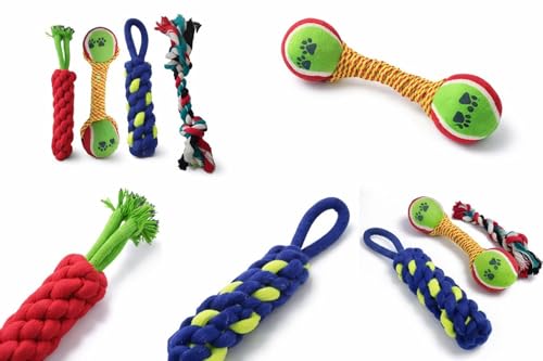 DMELDS Dog Rope Toy Combo of 4, Non-Toxic Cotton Rope, Chewing Teething Fetching, for Puppies and Small to Medium Dogs