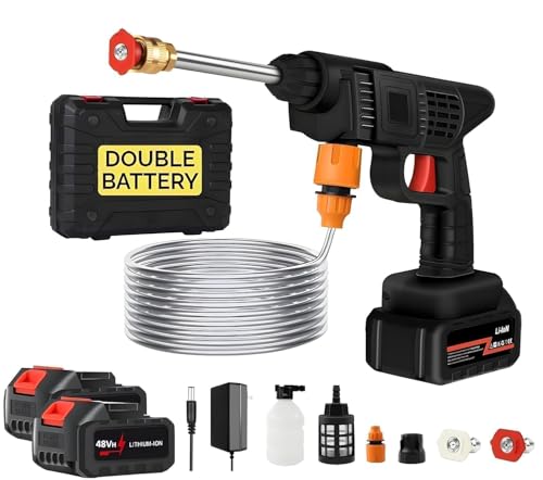 (Double Battery) Cordless Portable Wireless Pressure Washer Gun 48V 12000mAh High Pressure Water Gun for Car Wash & Bikes Cleaning with Adjustable Nozzles & 5M Hose Pipe