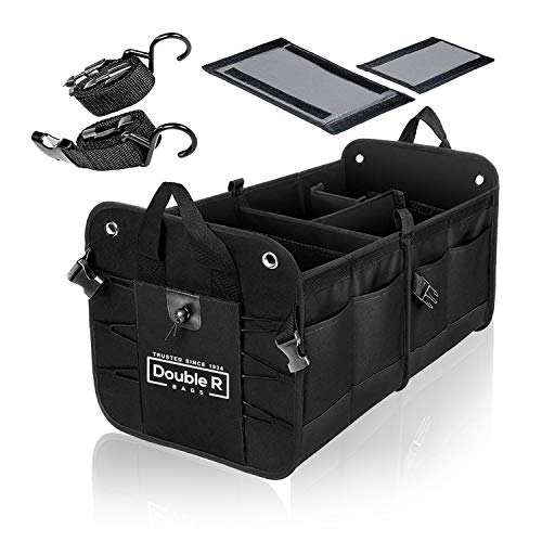 DOUBLE R BAGS Collapsible Car Trunk Organizer with 4 Compartments & 7 Pockets | Heavy Duty Polyester Storage Bag for SUV, Sedan, Minivan, Boot & Garage (Black, 32x60x37 cm)
