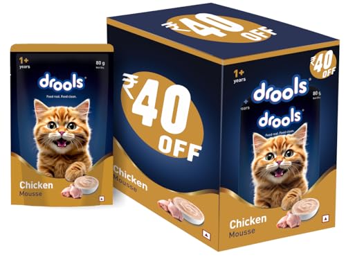 Drools Adult Cat Wet Mousse 80g Pack of 5, 400g | Chicken Flavour | Rich in Protein | Promotes Hydration & Easy to Digest| No Artificial Flavours | Packed with Essential Vitamins & Antioxidants