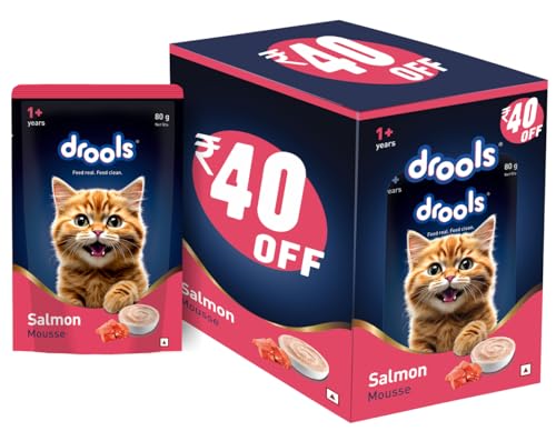 Drools Adult Cat Wet Mousse 80g Pack of 5, 400g | Salmon Flavour | Rich in Protein | Promotes Hydration & Easy to Digest | No Artificial Flavours | Packed with Essential Vitamins & Antioxidants
