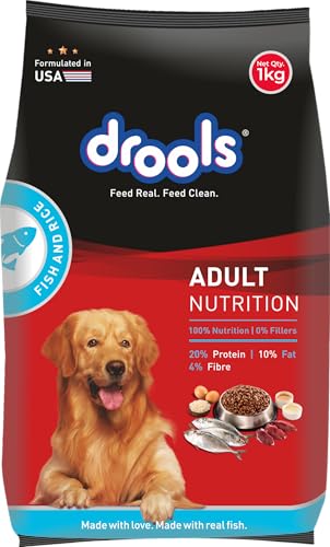 Drools Adult Dry Dog Food 1kg | Fish and Rice Flavour | Fish & Rice Formula | Gentle on Gut | Helps Maintain Strong Muscles and Vitality | Organic Chelated Minerals