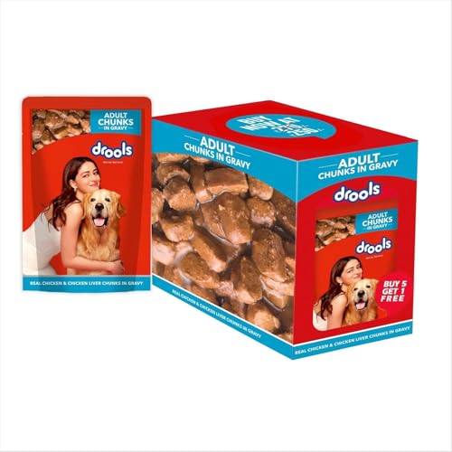 Drools Adult Wet Dog Food 0.9kg (150g x 6) Pack of 6 | Real Chicken and Chicken Liver Chunks in Gravy | Healthy Skin and Coat | Maintains Joint Health | Better Digestibility and Health