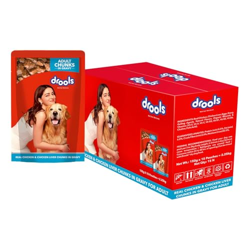 Drools Adult Wet Dog Food 2.25kg (150g x 15) Pack of 15 | Real Chicken and Chicken Liver Chunks in Gravy | Better Digestibility & Health | Healthy Skin & Coat | Maintains Joint Health