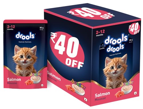 Drools Kitten Wet Mousse 80g Pack of 5, 400g | Salmon Flavour | Rich in Protein | Promotes Hydration & Easy to Digest | No Artificial Flavours | Packed with Essential Vitamins & Antioxidants