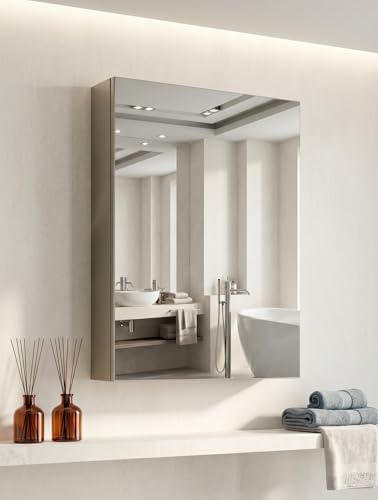 Dropin (14×20 Inch, Chrome Finish 304 Stainless Steel Bathroom Mirror Cabinet, Heavy-Duty Storage Cabinet/Wall Mounted Mirror Bathroom Cabinet Separate Compartments for Storage