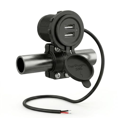 Dual USB Fast Charging Motorcycle Charger 5V 2.4A Per Port with Handlebar Mount, ON/Off Switch and Waterproof Cap for All Bikes Scooters 2-Wheelers Wide Voltage 9-24V