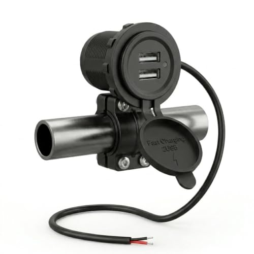 Dual USB Fast Charging Motorcycle Charger 5V 2.4A Per Port with Handlebar Mount, ON/Off Switch and Waterproof Cap for All Bikes Scooters 2 Wheelers Wide Voltage 9-24V