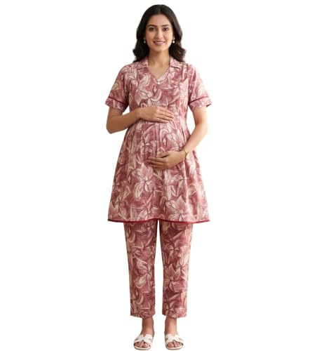 DUMMY SHAPE Feeding Dresses for Women Full Set | Red Cotton Blend Floral Maternity Kurta Pant Co-Ord Suit with Nursing Zippers to Pre & Post Pregnancy | Baby Shower | Mom to Be Gifts (DS981-L)