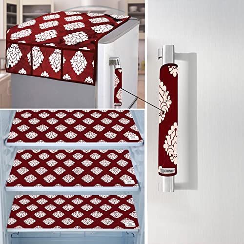 E-Retailer® Exclusive Combo Set of Appliances Cover (1 Pc. of Fridge Top Cover, 1 Pc. of Refrigerator Handle Cover and 3 Pc. Of Refrigerator Mat/Fridge Shelf Mat) (Color- Maroon, Design-Ethnic, Set Contains- 5 Pcs.)