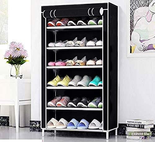 Ebee Iron Collapsible Shoe Rack (Black, 6 Shelves) 58 x 28 x 110 Centimeters