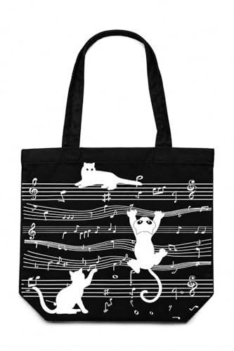 ECOEK Canvas Tote Bag for Women with Zipper – Cotton Hand Bags, Ladies Shopping Bag, College Tote, Office, Travel, Beach, Daily Use – Aesthetic Cat Music Black