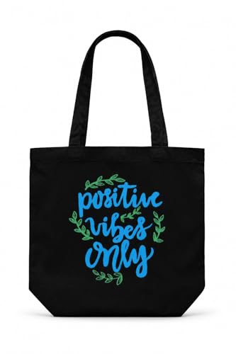 ECOEK Eco-Friendly Canvas Tote Bag with Zipper – Stylish Cotton Handbag for Women | Reusable, Durable Tote for Grocery, College, Office, Travel & Daily Use (Positive Vibes Black)