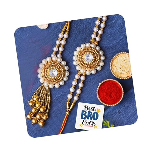 eCraftIndia Golden & White Beads, Pearl, Diamond Designer Bhaiya Bhabhi Rakhis | Best Bro Ever Fridge Magnet | Roli Chawal Pack | Raksha Bandhan Rakhi for Brother and Bhabhi