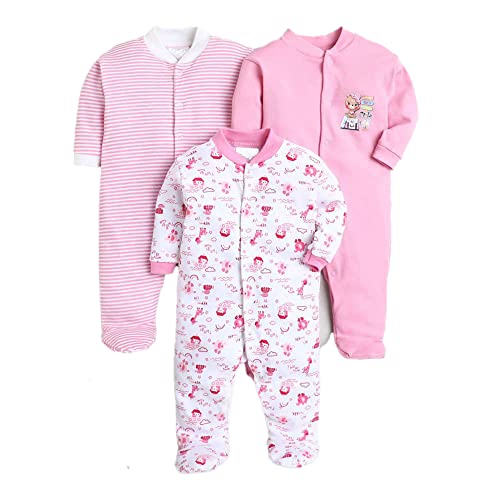 EIO Unisex-Child Cotton Rompers Sleepsuits Jumpsuits Night Suits for Newborn & | Soft Infant Bodysuit | Pack of 3 Rompers, Multicolour, 0-3 Months