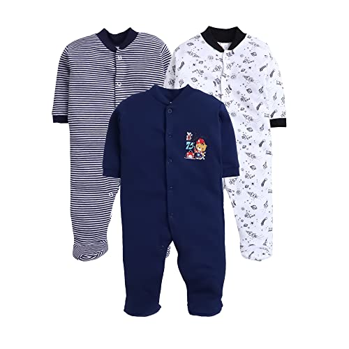 EIO Unisex-Child Cotton Rompers Sleepsuits Jumpsuits Night Suits | Soft Infant Bodysuit | Pack of 3 Rompers, Navy, 0-3 Months