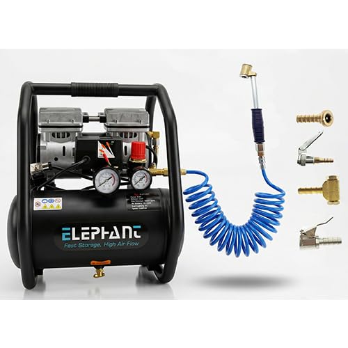 Elephant Oil Free & Noiseless Air Compressor 6 Ltr. 1 HP with Air Inflators, PU Pipe & Fittings (Set of 5 Pcs.) (AC 6L - Air Chuck)