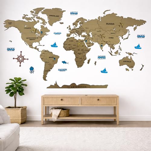 ELK 3D Wooden World Map Wall Decor with Country Names & Capitals | Premium Multilayer Laser Cut Wall Art | Easy DIY Installation | Travel Theme Home Decor for Living Room, Office | Size:XXL (255x145CM)