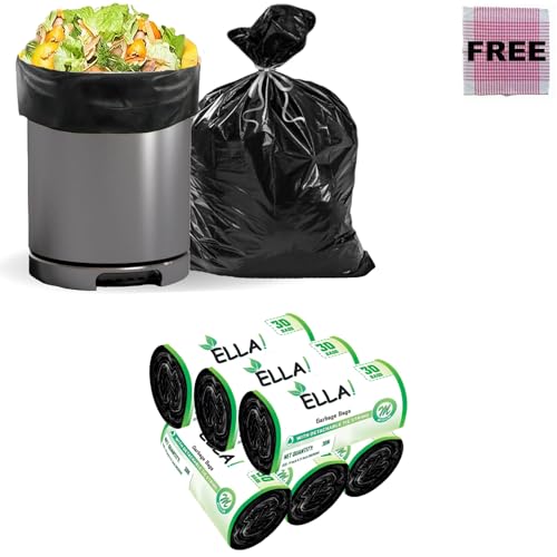 Ella Garbage Bags 19x21 Inches Medium 180 Bags 6 Rolls | Leak Proof & Tear Resistant Trash Bags for Kitchen Home & Commercial Use | Dustbin Bags For Dry & Wet Waste With Free Check Duster Cloth -Black