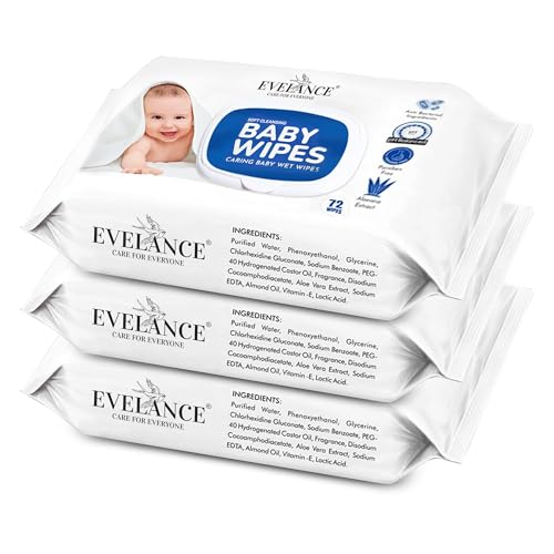EVELANCE Soft Cleansing Baby Wipes with Lid | 72 Wipes x 3-216 Wipes | Extra Thick & Moist Wet Wipes for Baby's | Prevents Rashes & Redness with Goodness of Aloe Vera Vitamin E | pH Balanced