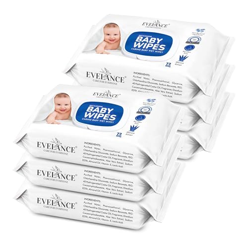 EVELANCE Soft Cleansing Baby Wipes with Lid | 72 Wipes x 6-432 Wipes | Extra Thick & Moist Wet Wipes for Baby's | Prevents Rashes & Redness with Goodness of Aloe Vera Vitamin E | pH Balanced
